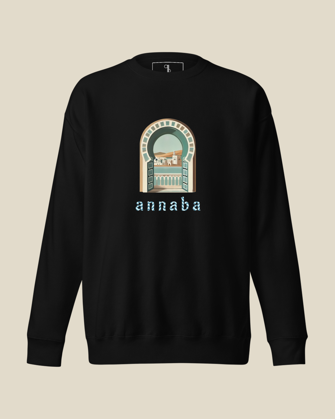Sweatshirt Annaba Bella Vista noir qalbi vue de face, arche méditerranéenne et mention annaba imprimées sur la poitrine