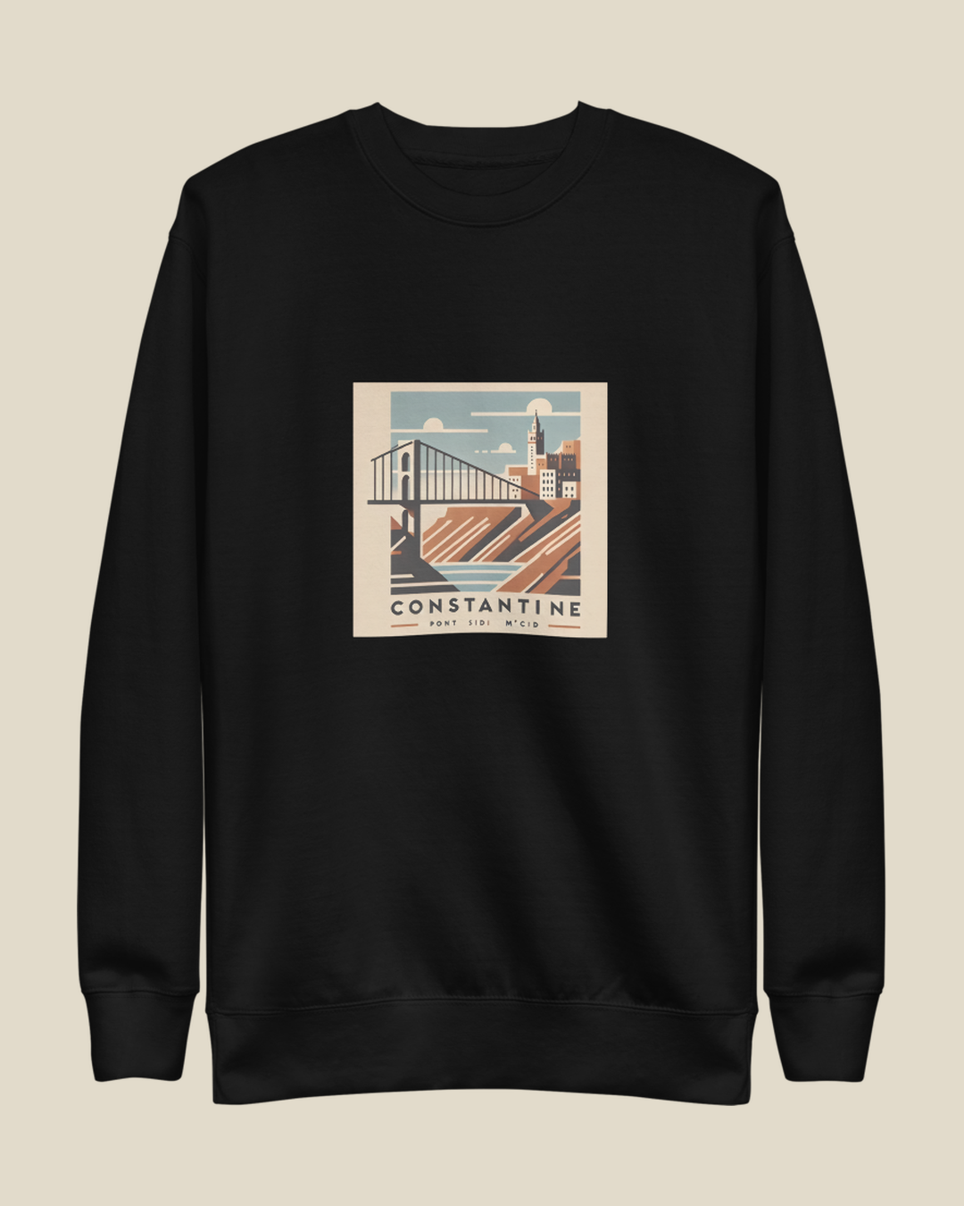 Sweatshirt Constantine Majestic noir qalbi vue de face, pont Sidi M'Cid et gorges du Rhumel imprimés sur la poitrine