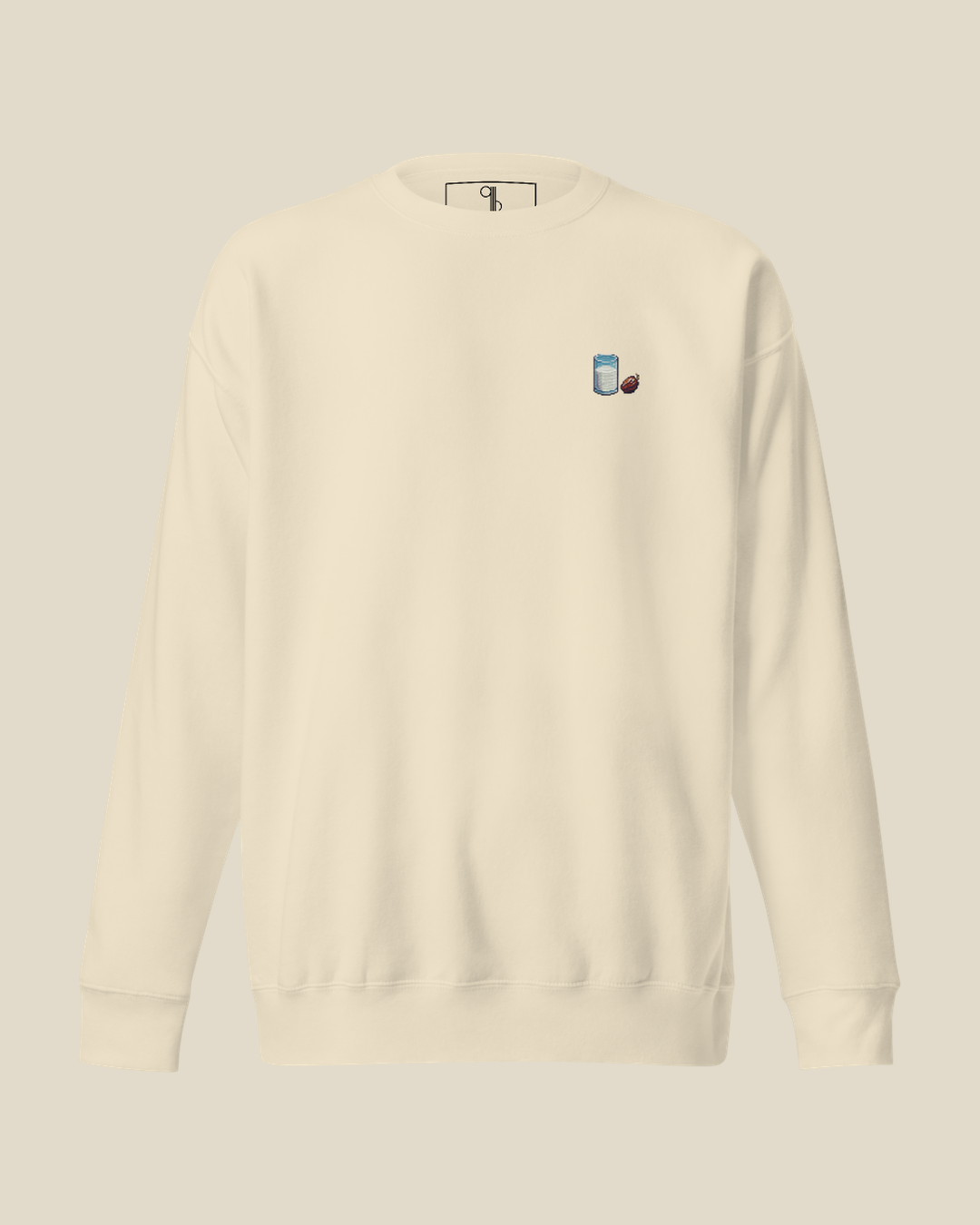 Sweatshirt Datte & Leben écru qalbi vue de face, logo verre de leben et datte sur la poitrine