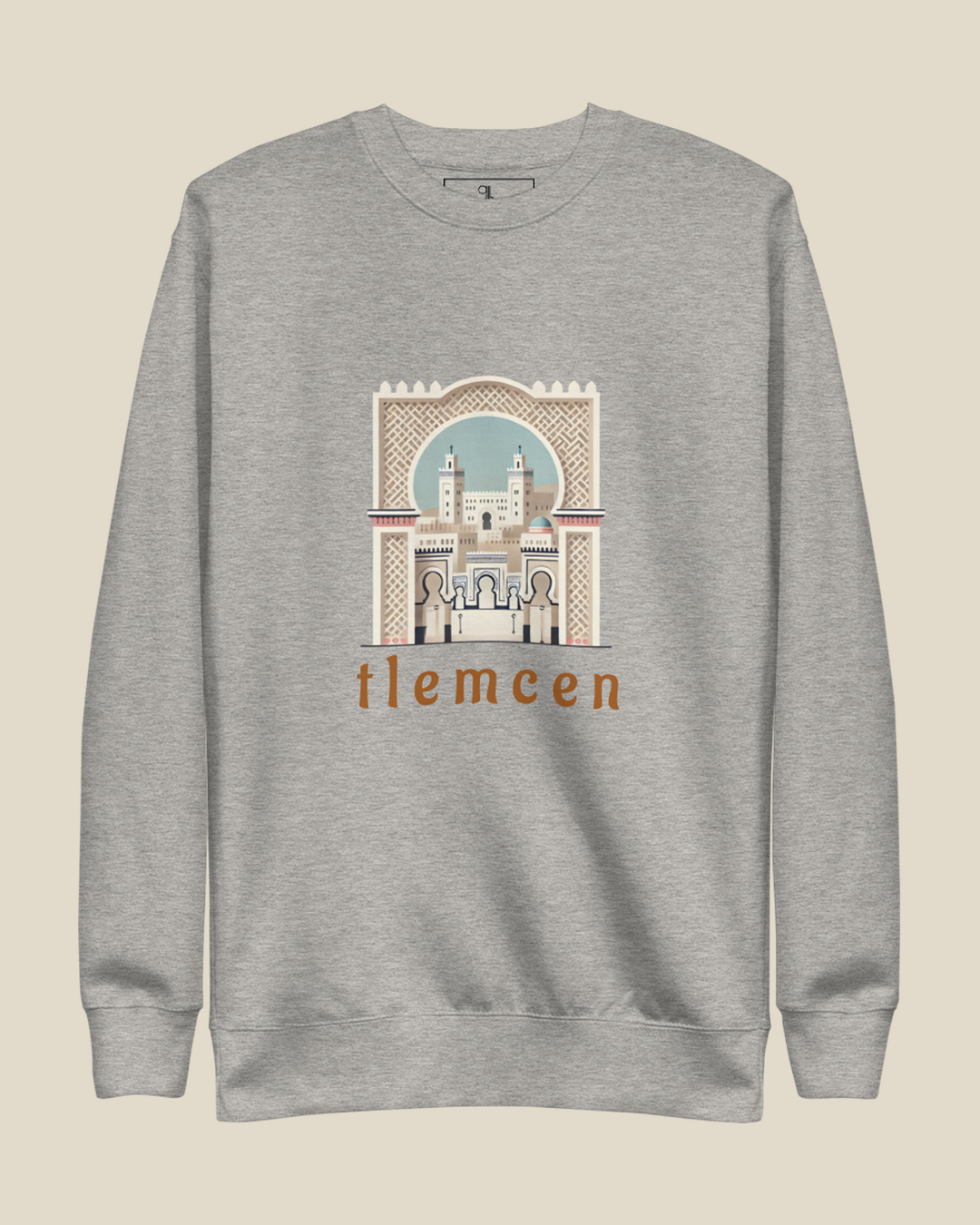 Sweatshirt Tlemcen Bahia gris qalbi vue de face, arche andalouse et mention tlemcen imprimées sur la poitrine