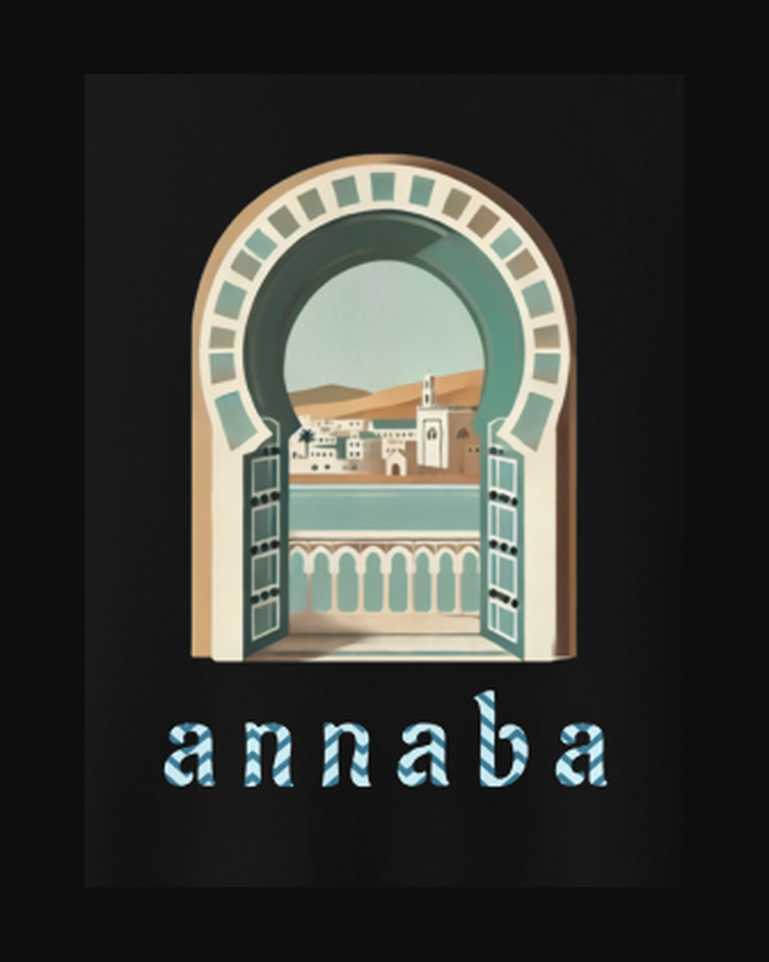 Détail de l'impression : arche côtière d'Annaba sur la Méditerranée, sur le sweatshirt noir qalbi