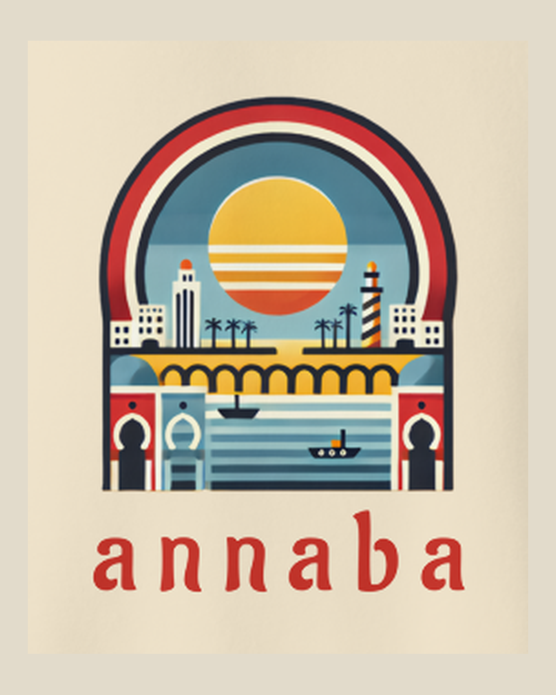 Détail de l'impression : coucher de soleil rétro sur la côte d'Annaba aux couleurs vives sur le sweatshirt crème qalbi
