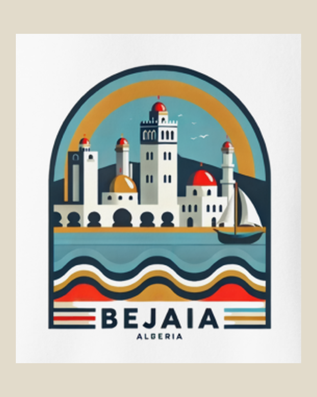 Détail de l'impression : front de mer et phare de Béjaïa aux couleurs vives sur le sweatshirt blanc qalbi