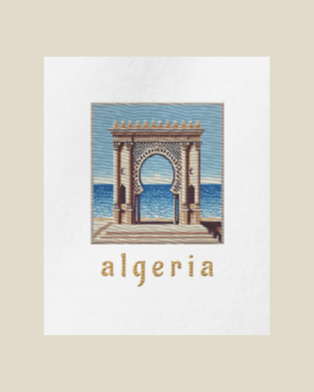 Détail de l'impression : front de mer algérien en pixel art sur le sweatshirt blanc qalbi