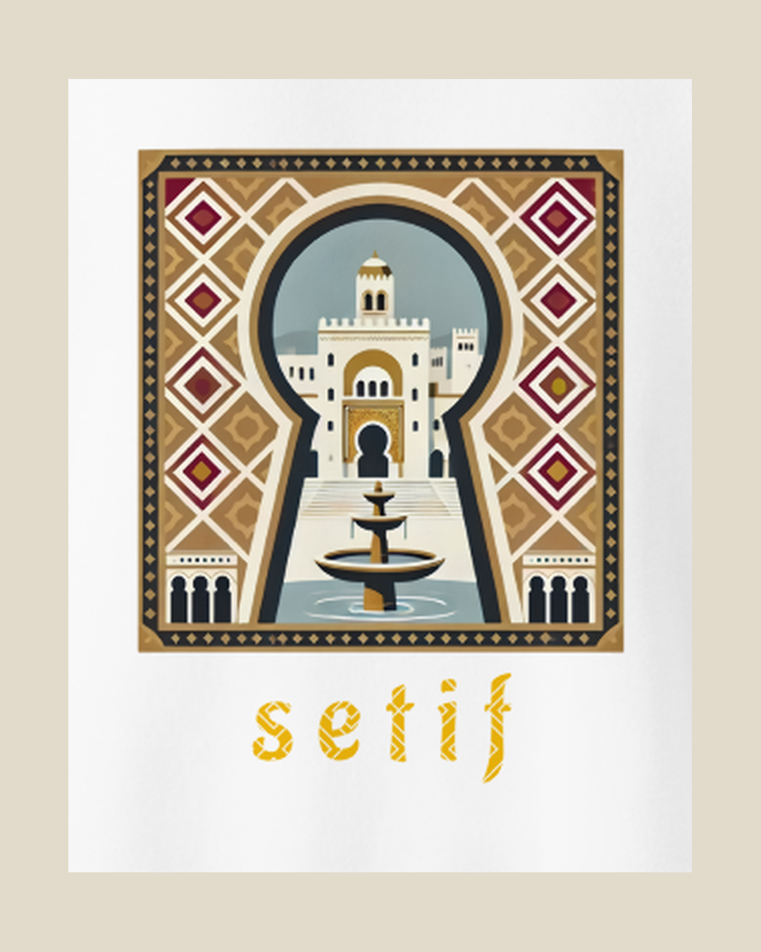 Détail de l'impression : fontaine Ain El Fouara de Sétif dans une serrure aux motifs berbères sur le sweatshirt blanc qalbi