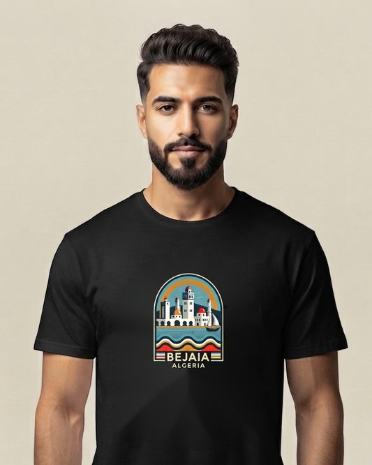 T-shirt Béjaïa qalbi porté – coton noir, design front de mer BEJAIA, fond studio