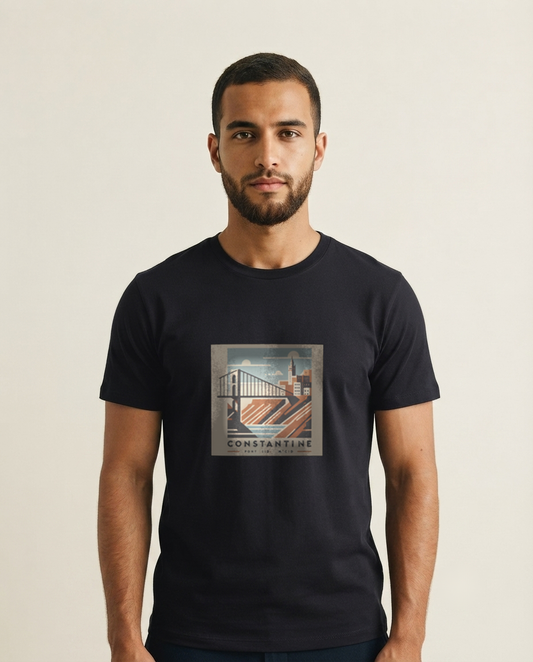T-shirt Constantine qalbi porté par un mannequin – coton noir, design pont Sidi M'Cid