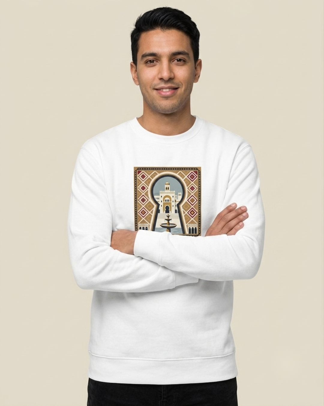 Homme nord-africain portant le sweatshirt Sétif Key blanc qalbi, illustration de la fontaine Ain El Fouara dans une serrure