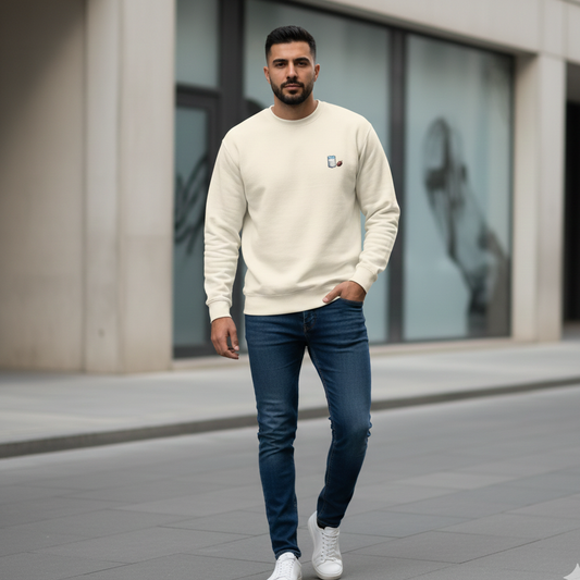 Sweatshirt Datte & Leben qalbi porté en pied, écru